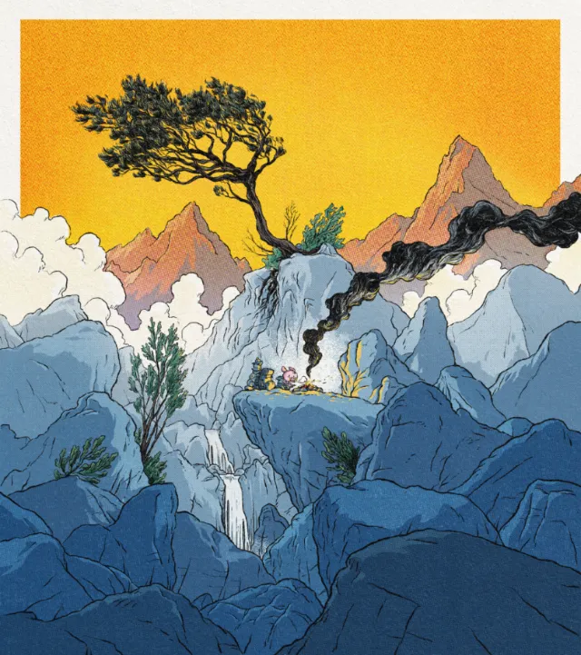 Mountain campfire with smoke in rocky terrain at sunset by Rino Pelli