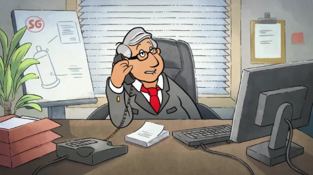 Businessman in suit talking on phone at office desk by Rino Pelli