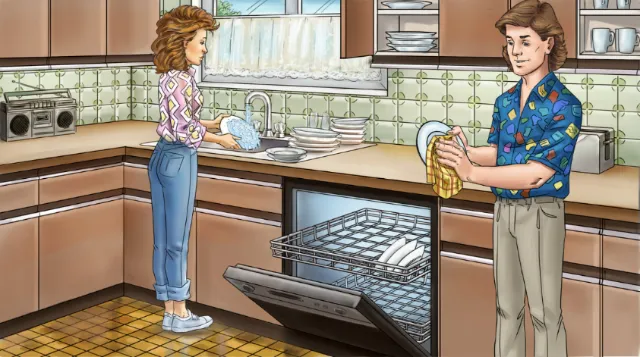 Cartoon illustration of couple cleaning utensils
