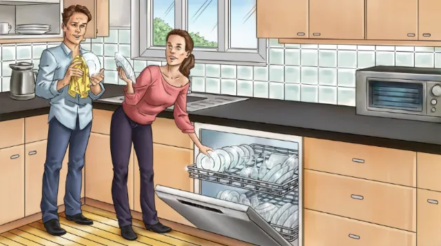 Graphic illustration of couple in kitchen
