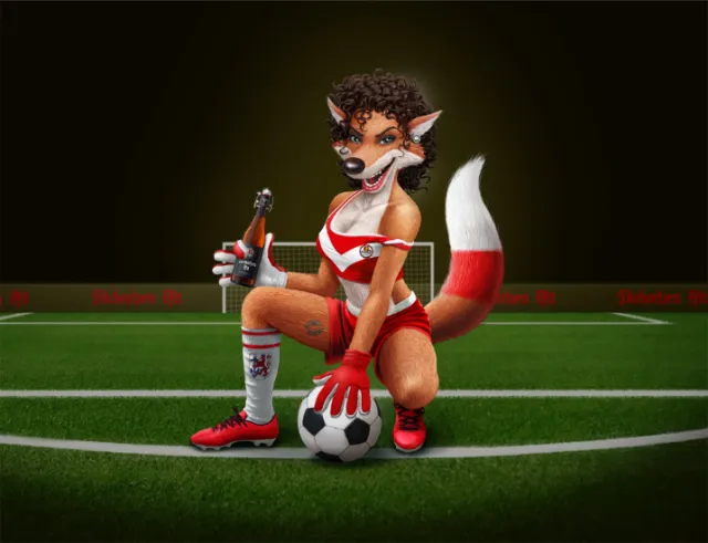 Anthropomorphic fox soccer player crouching with soccer ball by Kai Klimiont
