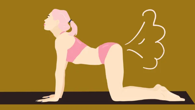 Woman in cat cow yoga pose with fart lines by Mallory Heyer