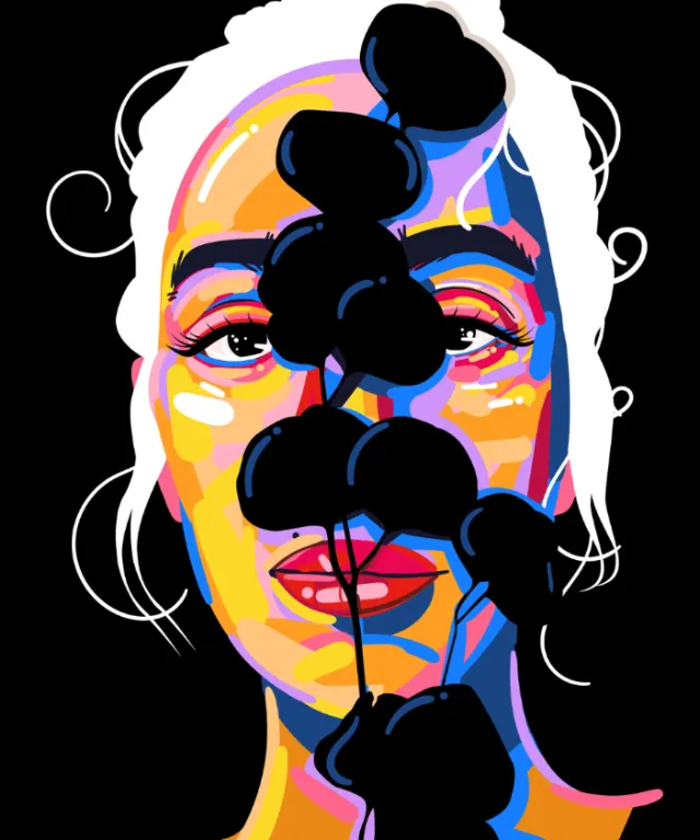 Abstract colorful portrait with black balloons over face by Mallory Heyer