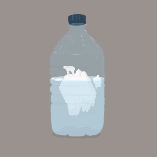 Illustration of polar bear on iceberg inside plastic bottle by Samy Löwe