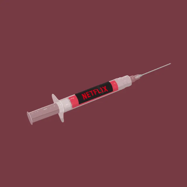 Syringe filled with red liquid labeled Netflix by Samy Löwe