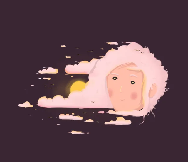 Surreal digital artwork of a face merging with glowing clouds by Samy Löwe