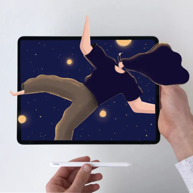 Digital tablet displaying floating figure in starry night, hand holding stylus by Samy Löwe