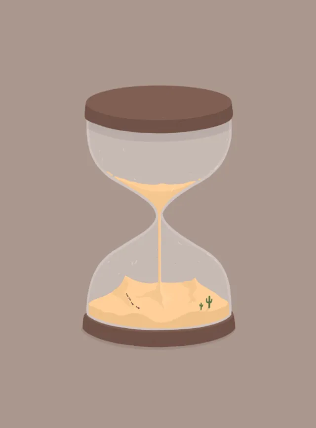 Hourglass with sand and small desert plants inside by Samy Löwe