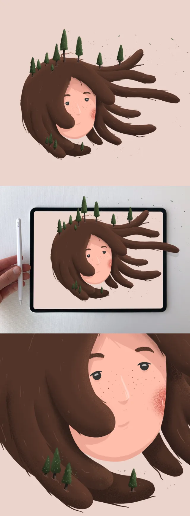 Illustration of a woman with flowing brown hair and green leaves by Samy Löwe