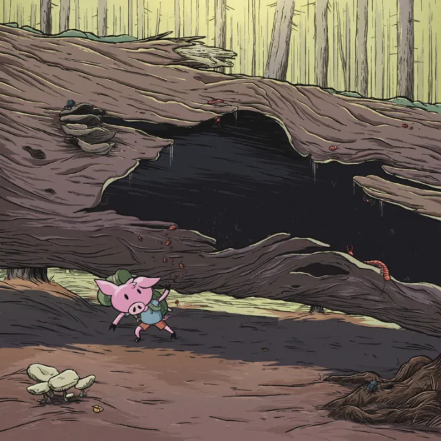 Illustration of piglet and friend running near large hollow log by Rino Pelli