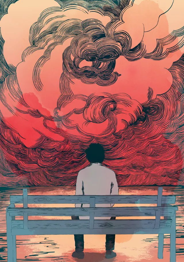Graphic Man sitting under red clouds