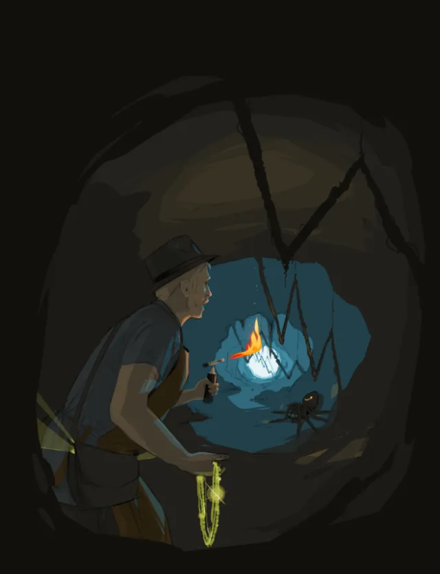 Explorer with torch finds giant spider in dark cave by Timo Müller