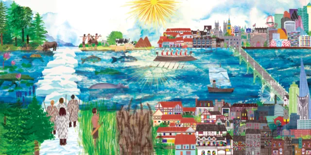Watercolour mixed art River thames through time