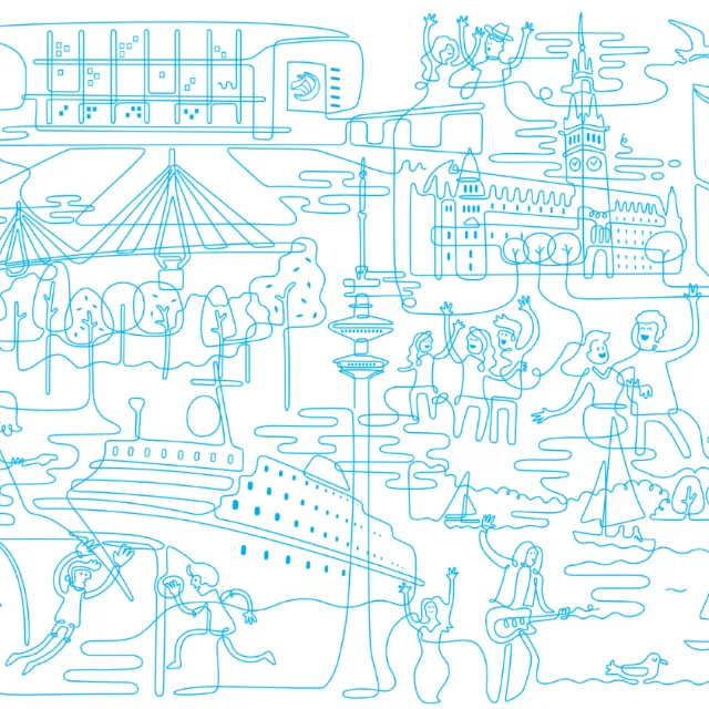 London skyline illustrated in a single blue line featuring iconic landmarks