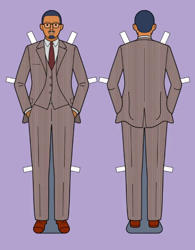 Male paper doll in brown suit illustration by Klaus Meinhardt