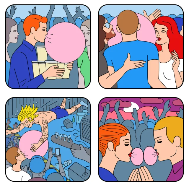 Illustration of people blowing and sharing bubble gum by Klaus Meinhardt