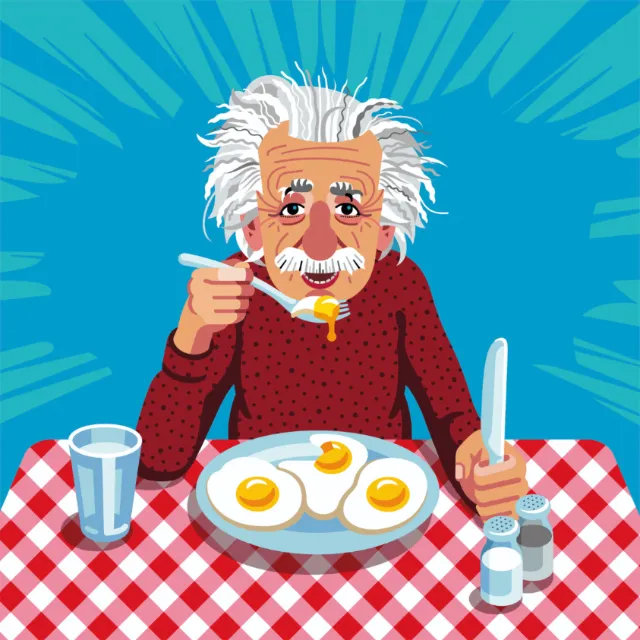 Cartoon Albert Einstein eating eggs with milk on red checkered table by Klaus Meinhardt