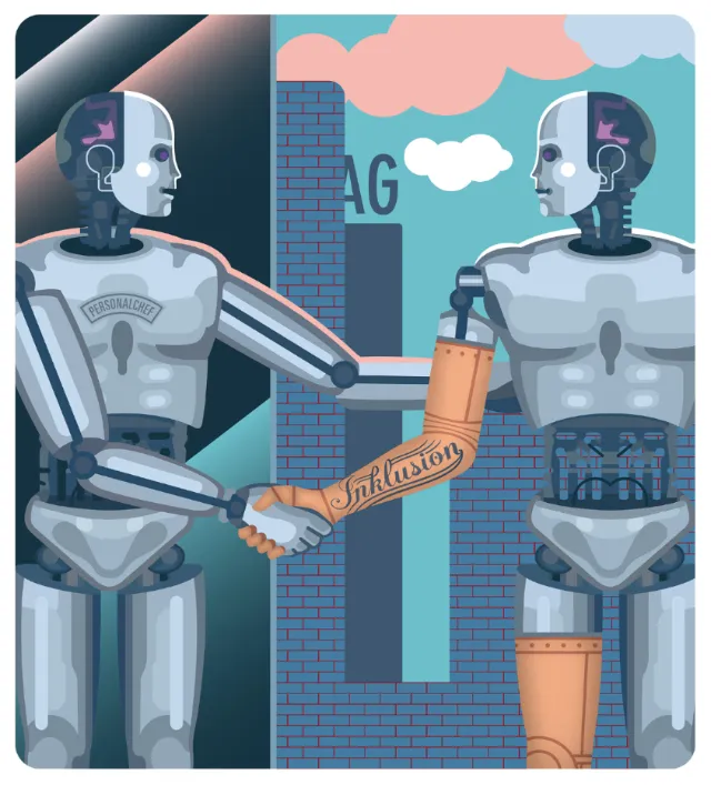 Two humanoid robots passing an innovation baton in a cityscape by Klaus Meinhardt