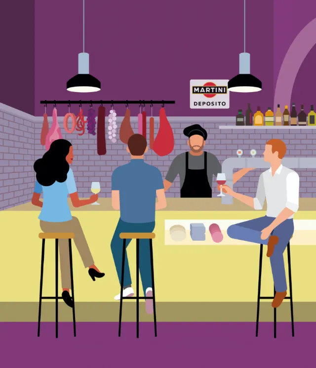 Three customers and a bartender in a colorful bar interior by Klaus Meinhardt