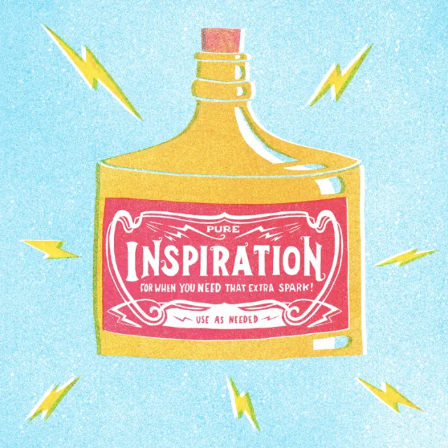 Bottle labeled Inspiration with lightning bolts around it by Kelli Laderer
