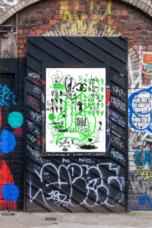 Ede Studio's Billie Eilish street art on a graffiti-covered wall