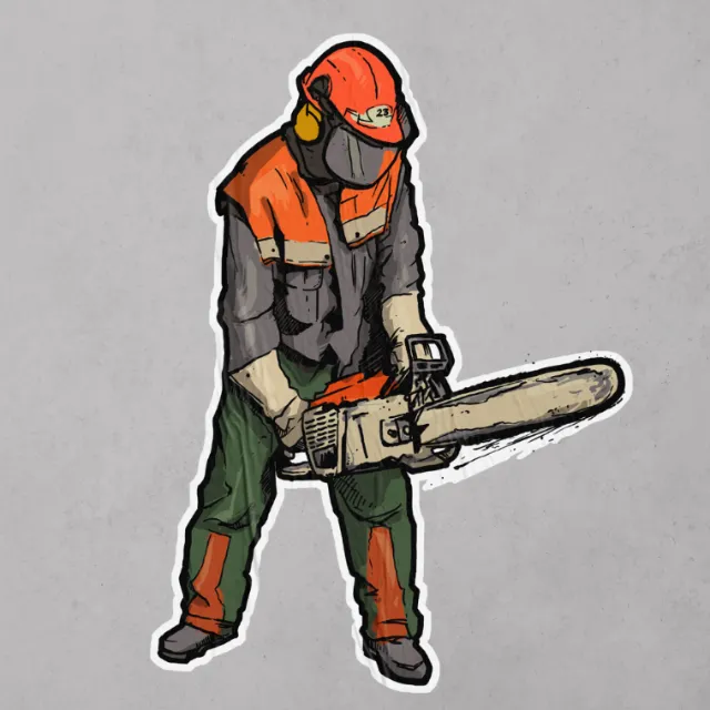 Worker in protective equipment using a chainsaw by Lukas Bischoff