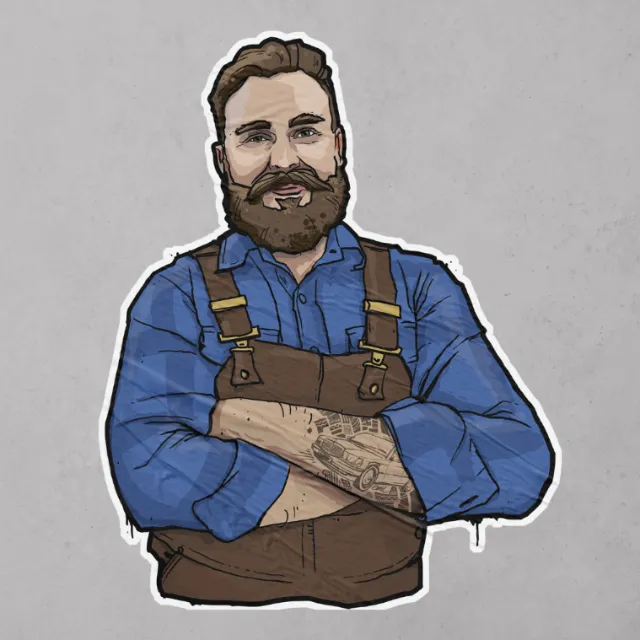 Illustration of bearded man in blue shirt and brown overalls by Lukas Bischoff