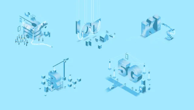 Isometric 5G and technology icons in blue by Lukas Bischoff