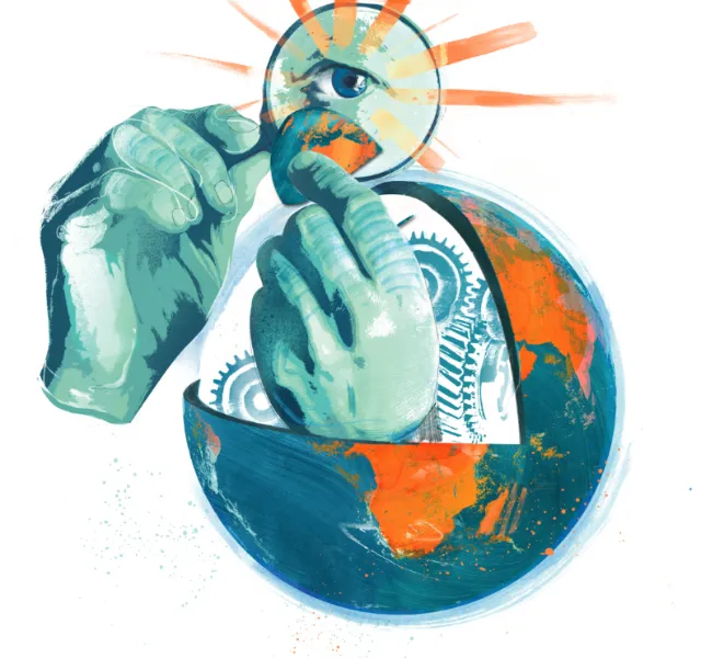 Conceptual illustration of a scientist inspecting planet earth