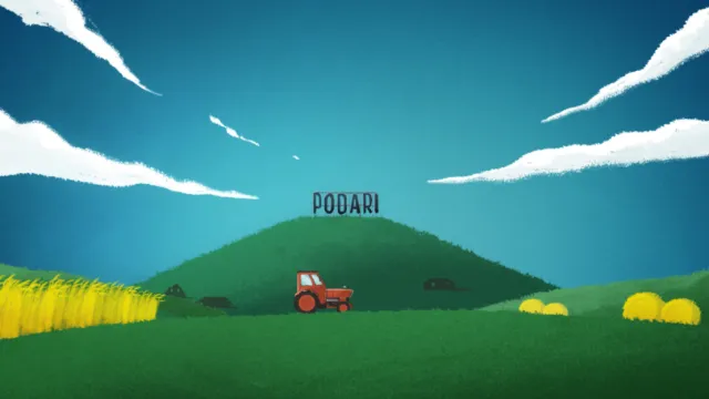 Red tractor on grassy field near Podari hill under blue sky by Rino Pelli