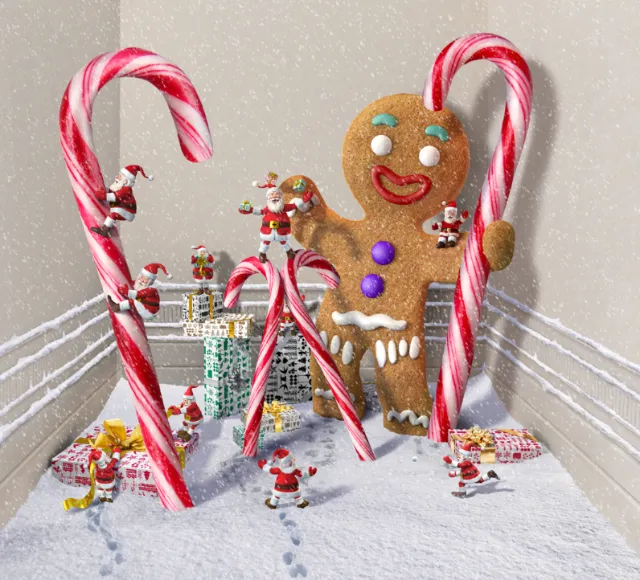 Candy cane boxing ring with gingerbread man and miniature Santas by RIVE GAUCHE