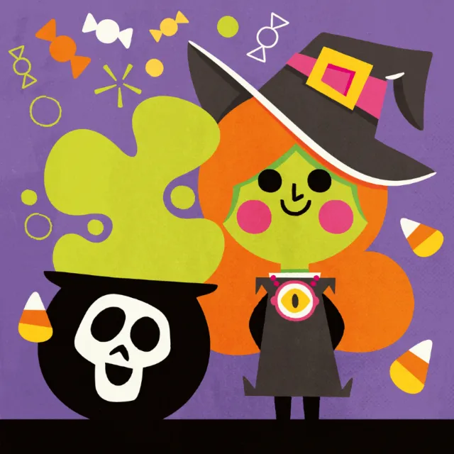 Cartoon witch with orange hair and hat standing by black cauldron with green potion by Pintachan