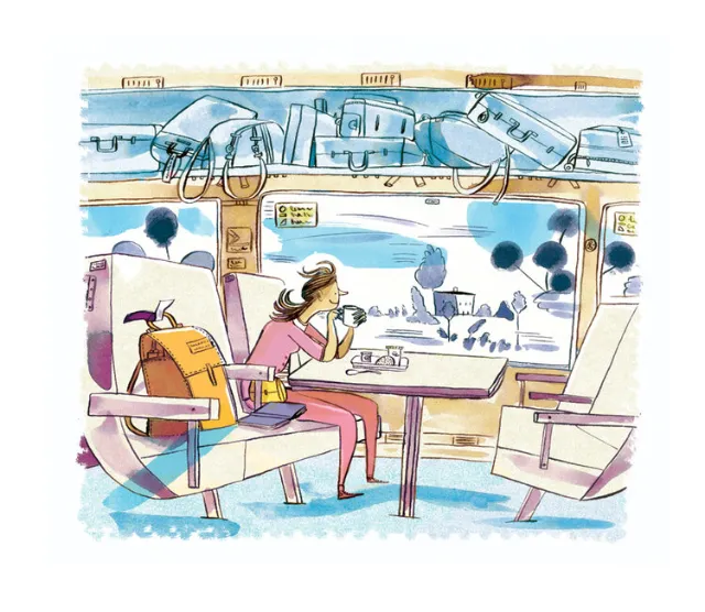 Editorial art of traveling on train for Gulfshore Life magazine