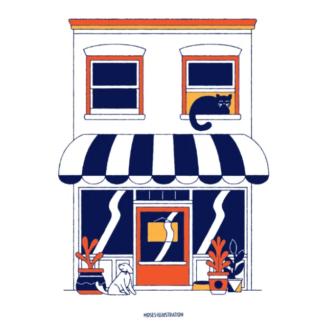 Graphic of dog outside shop
