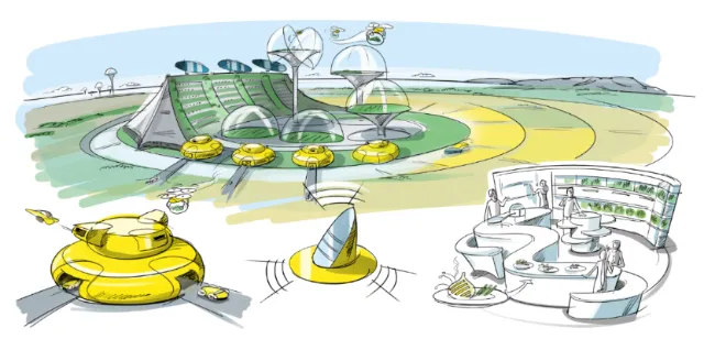 Futuristic renewable energy site with solar panels and wind turbines by Björn von Schlippe