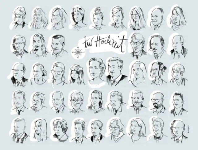 Black and white portrait sketches of multiple men and women by Björn von Schlippe