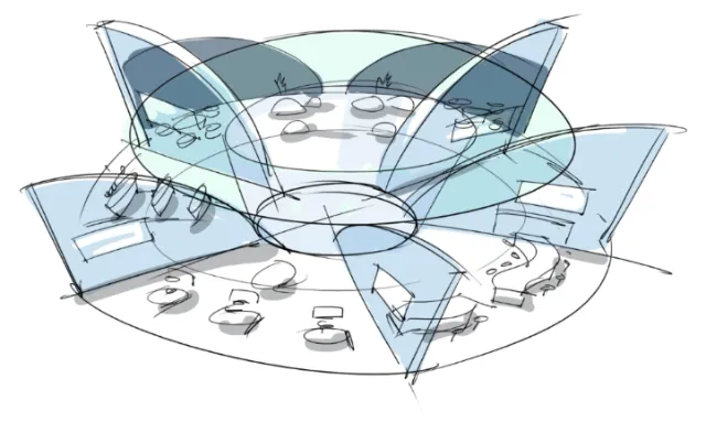Conceptual meeting room design sketch with workstations and transparent partitions by Björn von Sch