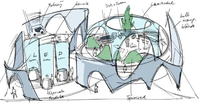 Architectural concept sketch with towers and curved structures by Björn von Schlippe