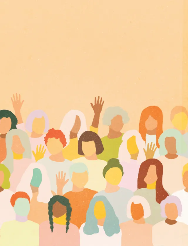 Illustration of diverse people raising their hands by Heather Landis