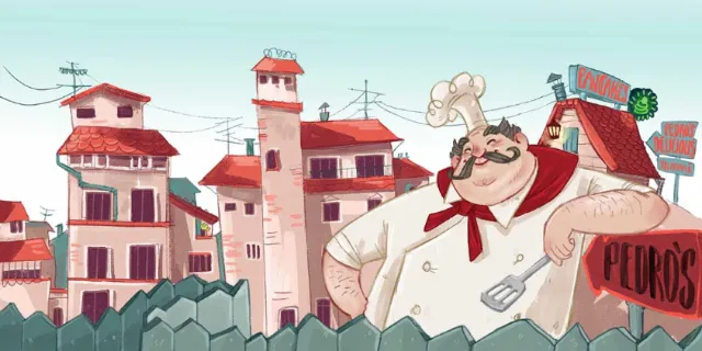 Character Design chef in front of building