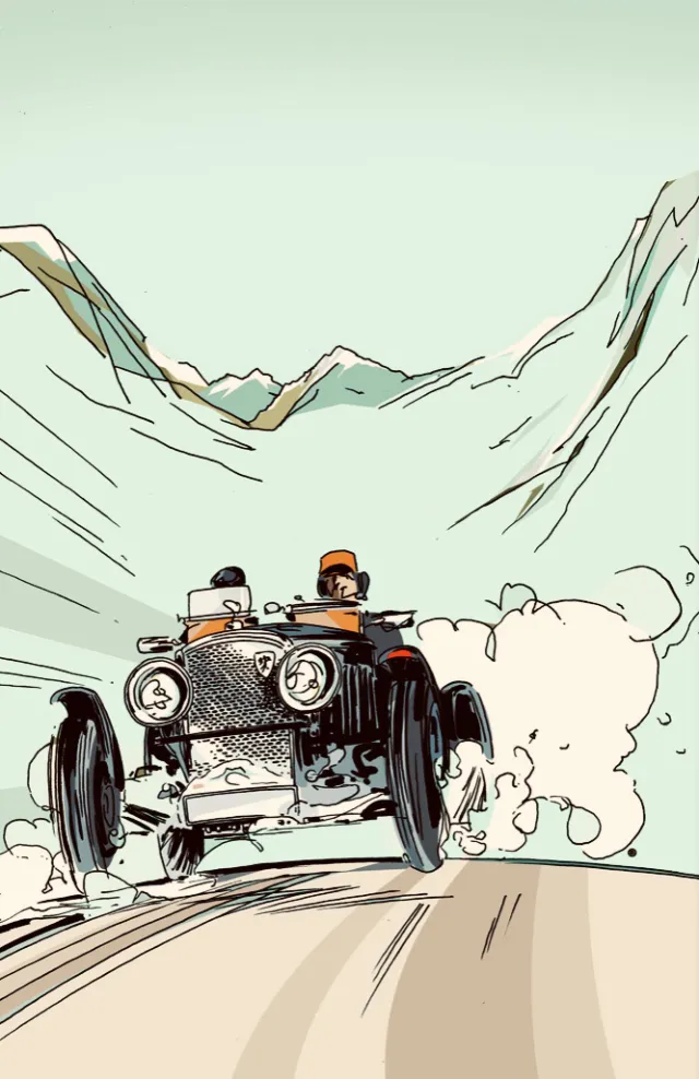 Vintage car with two passengers driving through mountains by Thilo Rothacker