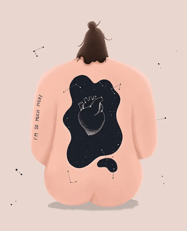 Nude figure with cosmic heart and constellations on back by Samy Löwe