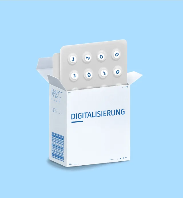 Medicine box labeled Digitalisierung with card showing binary numbers by Samy Löwe