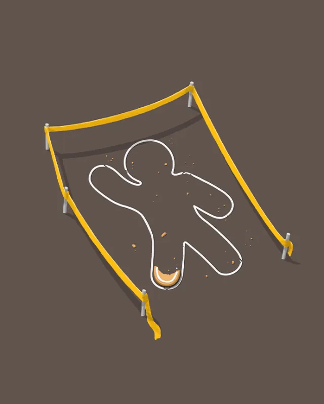 Gingerbread man crime scene outline with bitten arm by Samy Löwe