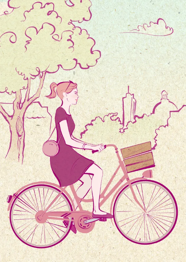 Watercolor painting of girl with cycle