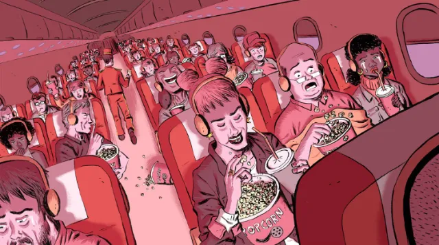Airplane passengers eating popcorn and drinking soda inside an aircraft cabin by Jamie Coe