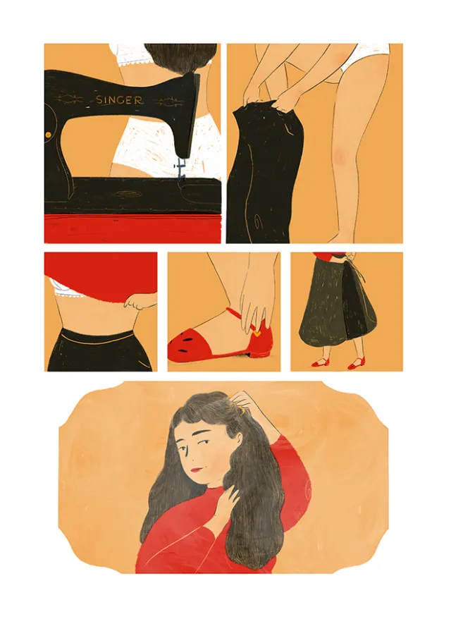 Illustration of a woman sewing and getting dressed by Grace Lanksbury