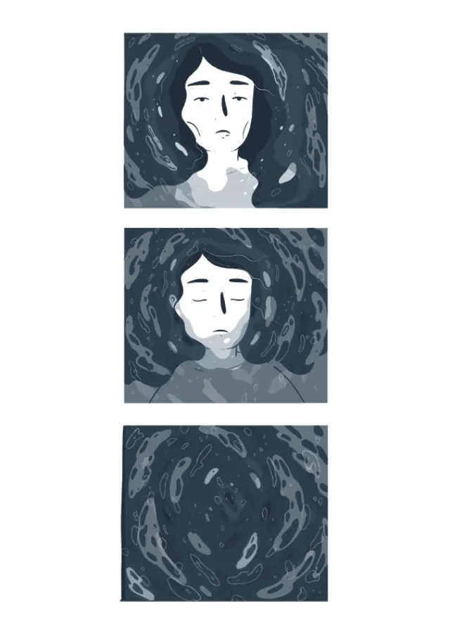 Three-panel artwork showing a woman's face fading into blue abstract swirls by Grace Lanksbury