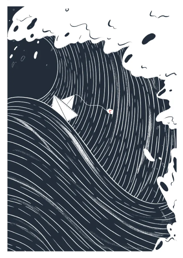 Paper boat struggling on a large swirling ocean wave by Grace Lanksbury