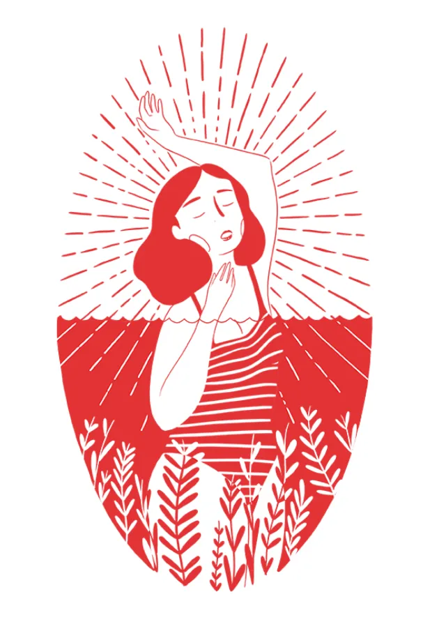 Illustration of a woman with red hair in a field by Grace Lanksbury